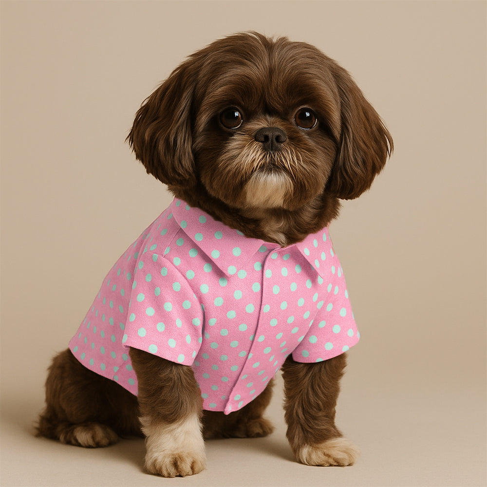 Matching Polka Pink Dog Shirt & Dog Bow Tie | Adjustable Bow Tie for Dogs | Breathable Fabric Shirt for Dogs