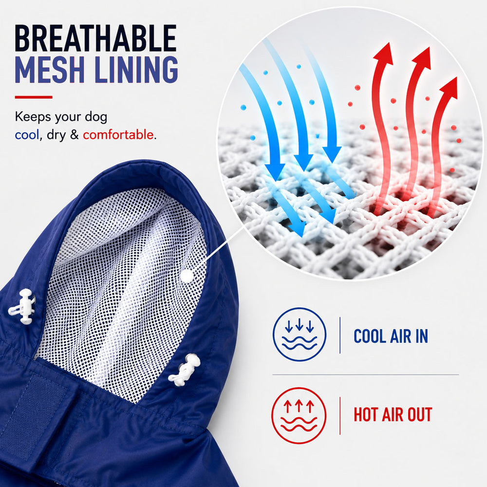 Rainy Trunks Waterproof Dog Raincoat with Hood & Mesh Lining | Collar & Harness Leash Opening | Blue