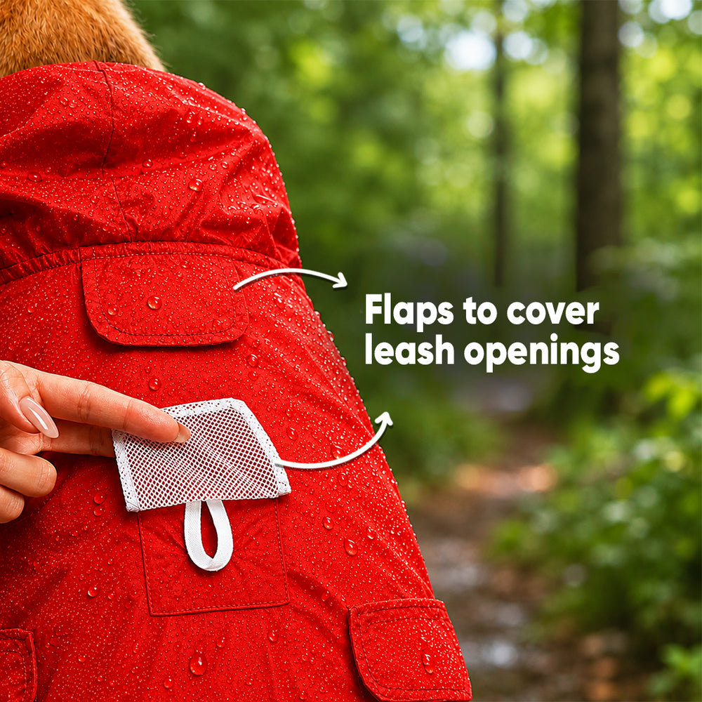 Duck The Rain Waterproof Dog Raincoat with Collar & Harness Leash Opening | Hood & Mesh Lining | Red