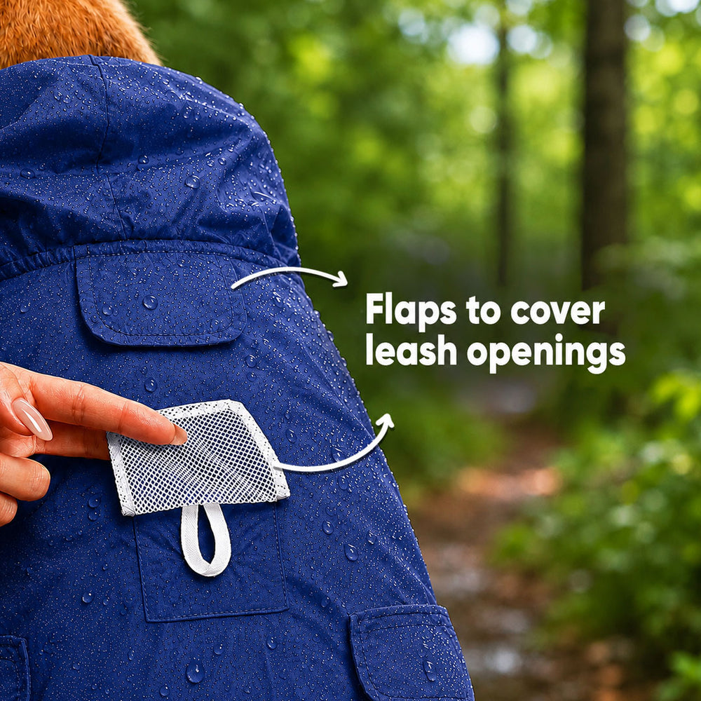 Rainy Trunks Waterproof Dog Raincoat with Hood & Mesh Lining | Collar & Harness Leash Opening | Blue
