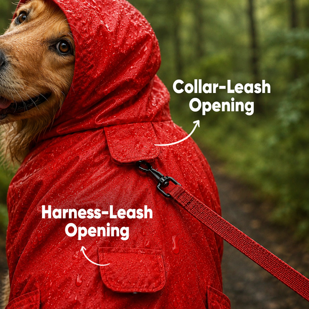 Duck The Rain Waterproof Dog Raincoat with Collar & Harness Leash Opening | Hood & Mesh Lining | Red
