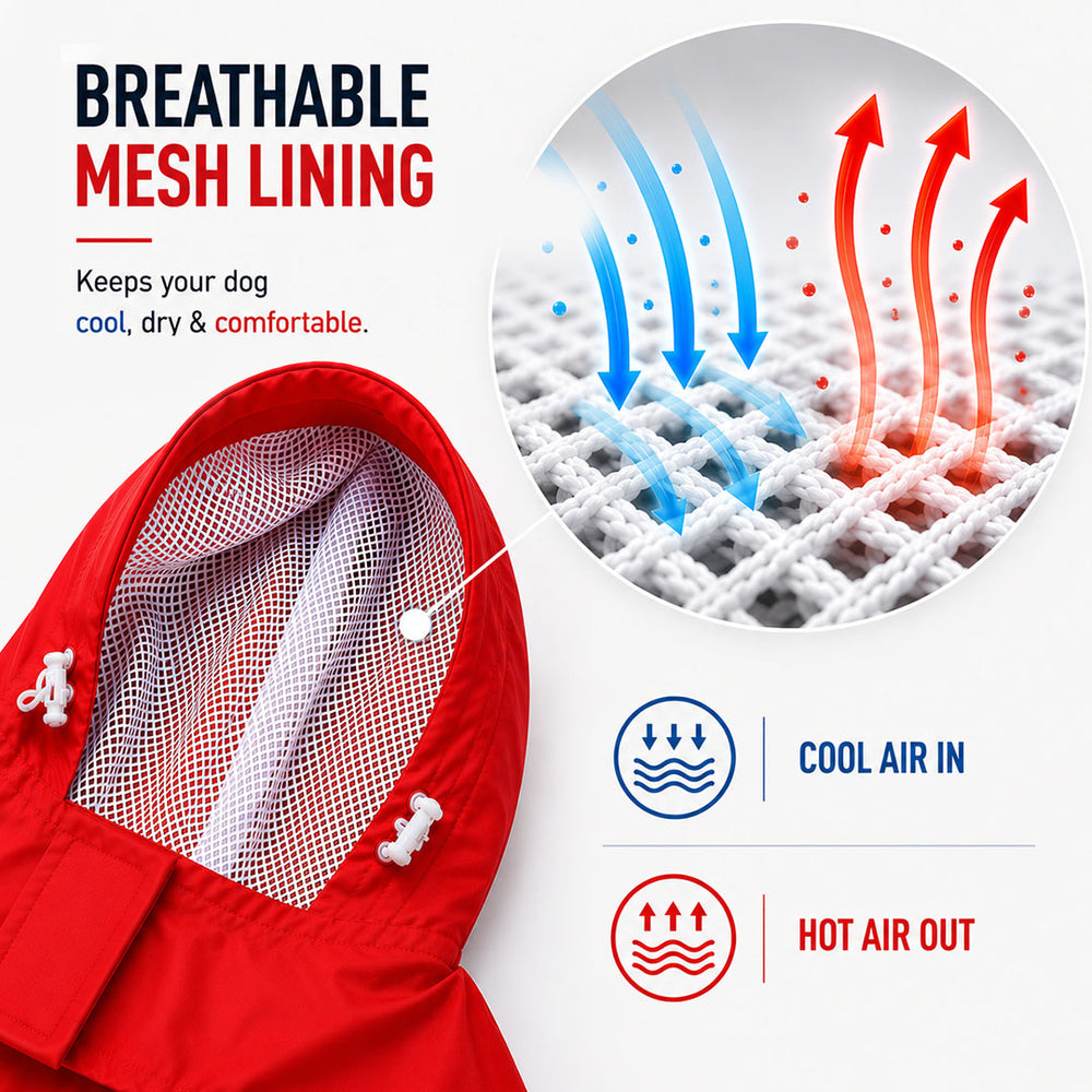 Puddle Prince Waterproof Dog Raincoat with Hood & Mesh Lining | Collar & Harness Leash Opening | Red