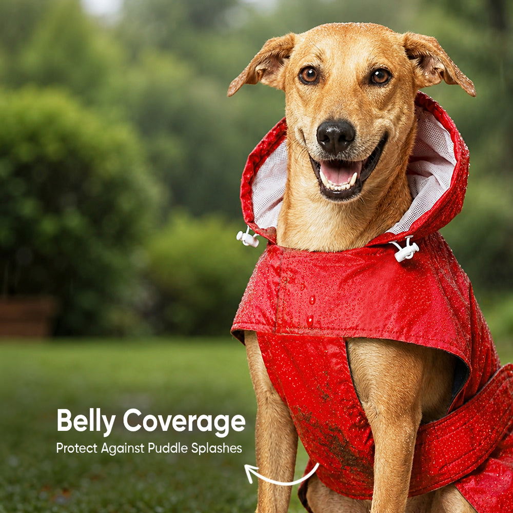 Duck The Rain Waterproof Dog Raincoat with Collar & Harness Leash Opening | Hood & Mesh Lining | Red