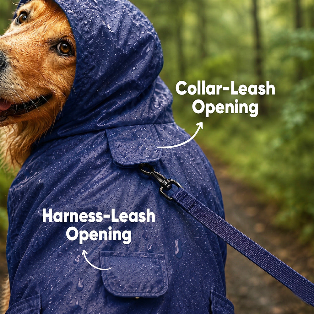 Rainy Trunks Waterproof Dog Raincoat with Hood & Mesh Lining | Collar & Harness Leash Opening | Blue