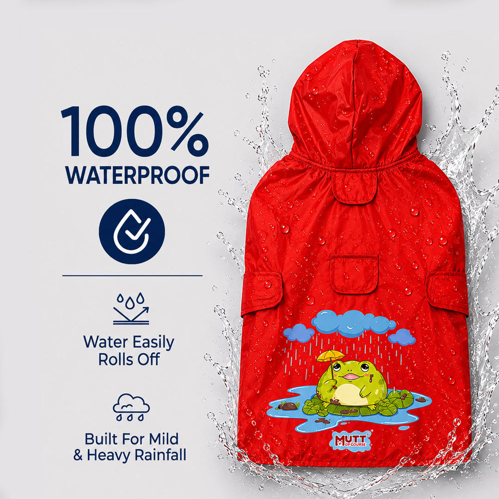 Puddle Prince Waterproof Dog Raincoat with Hood & Mesh Lining | Collar & Harness Leash Opening | Red