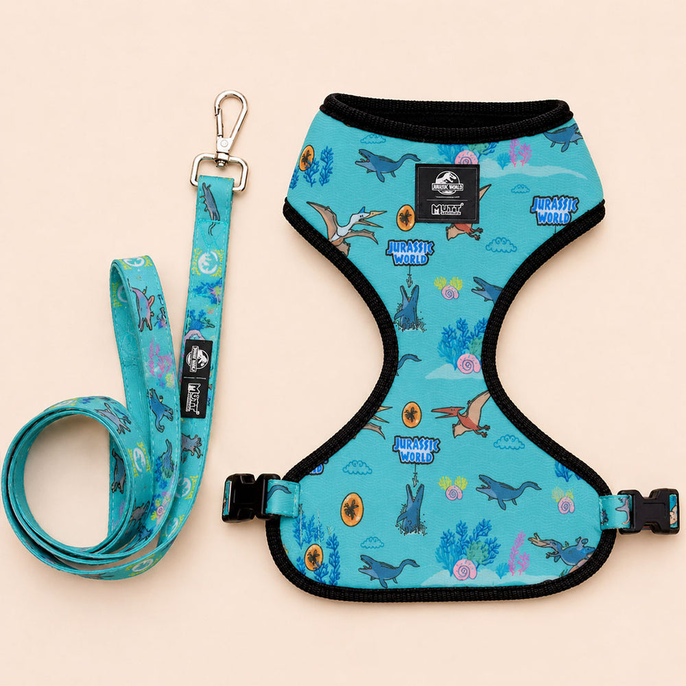 Jurassic Marine Dinos Dog Harness & Leash Set |Ocean Dinosaur Adventure Walking Set for Dogs