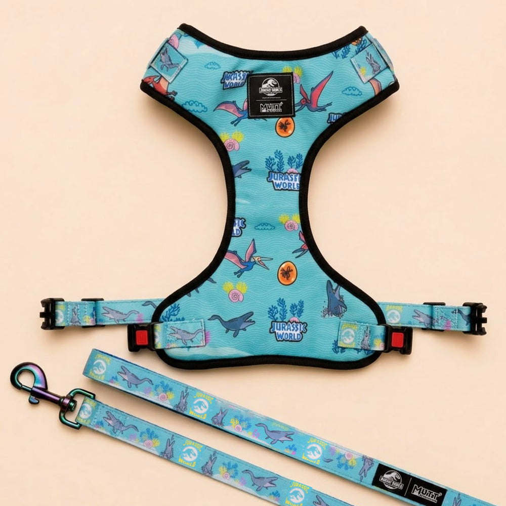 Jurassic Marine Dinos Dog Harness & Leash Set |Ocean Dinosaur Adventure Walking Set for Dogs
