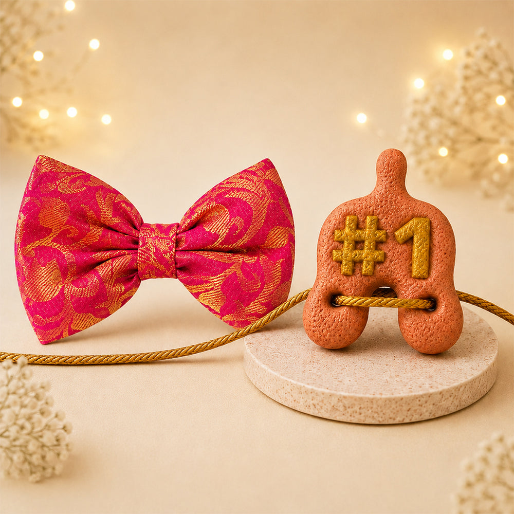 Rakhi Combo for Dogs & Cats | Pink & Gold Bow Tie + Edible Rakhi Treat