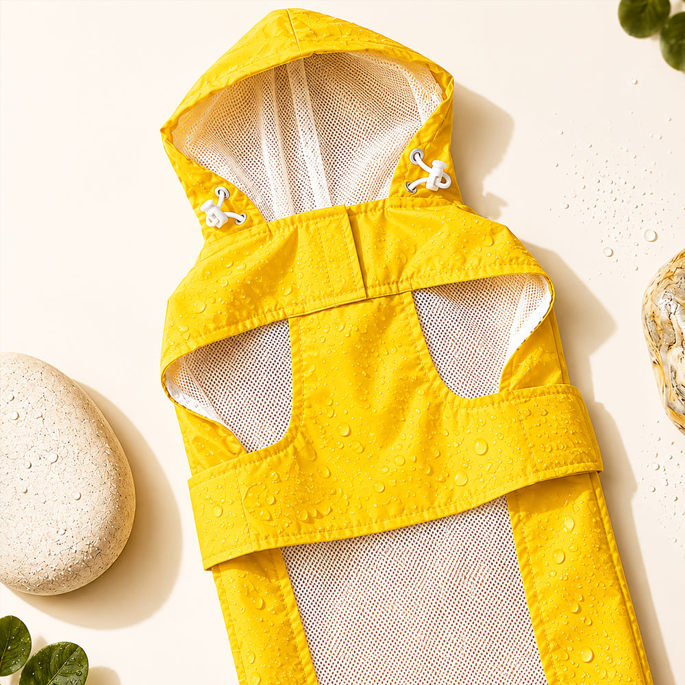 Drizzle Buddies | Waterproof Dog Raincoat with Hood & Mesh Lining  |  Collar & Harness Leash Opening | Yellow