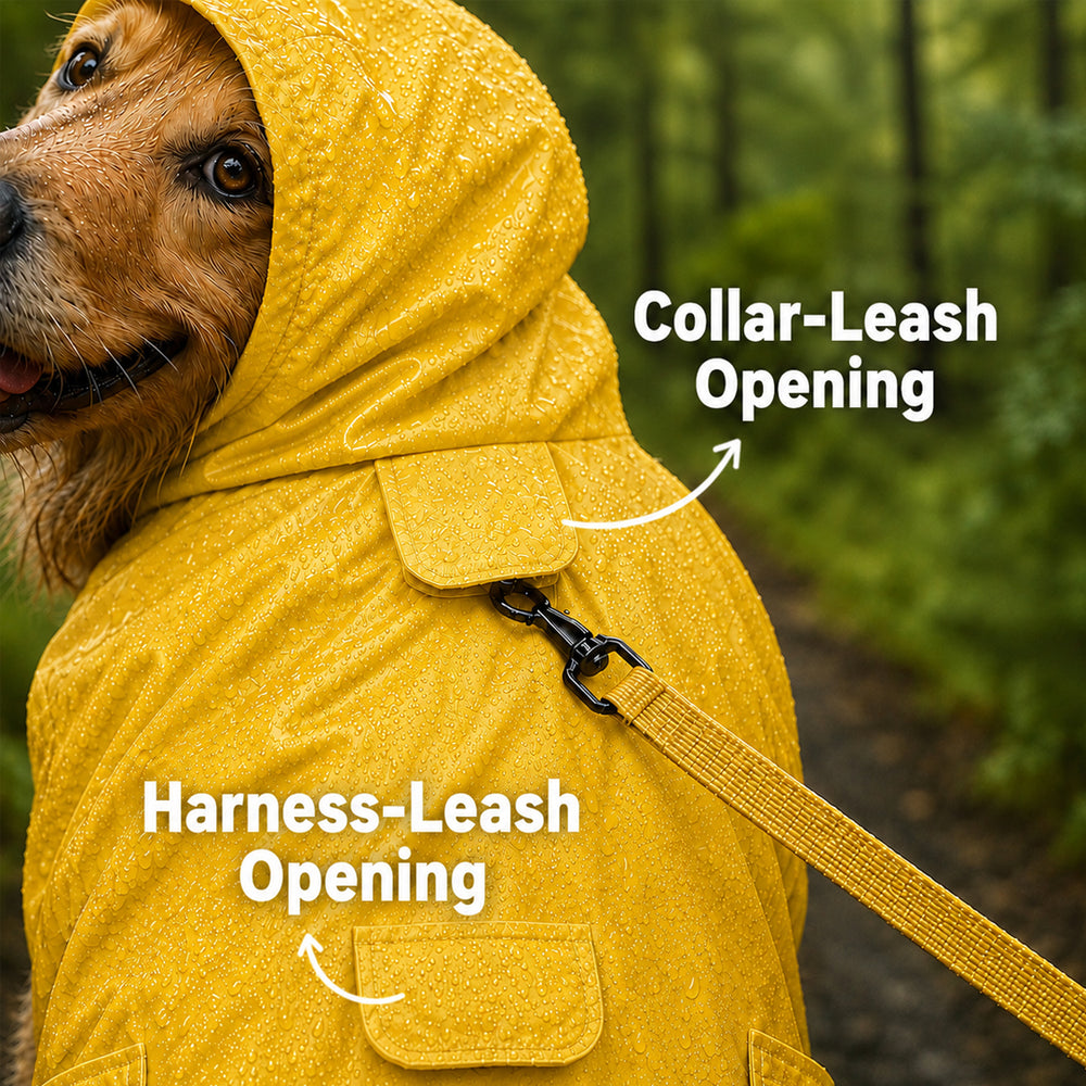 Drizzle Buddies | Waterproof Dog Raincoat with Hood & Mesh Lining  |  Collar & Harness Leash Opening | Yellow
