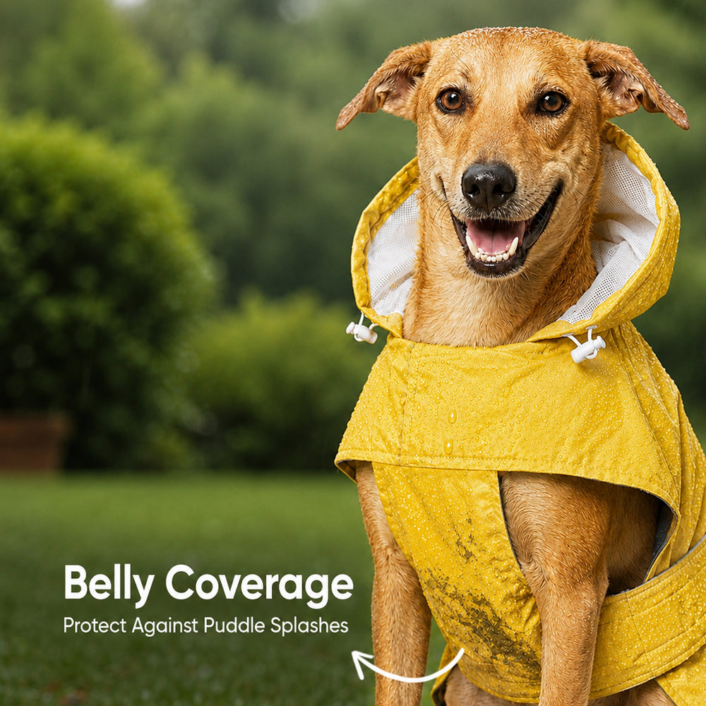 Drizzle Buddies | Waterproof Dog Raincoat with Hood & Mesh Lining  |  Collar & Harness Leash Opening | Yellow