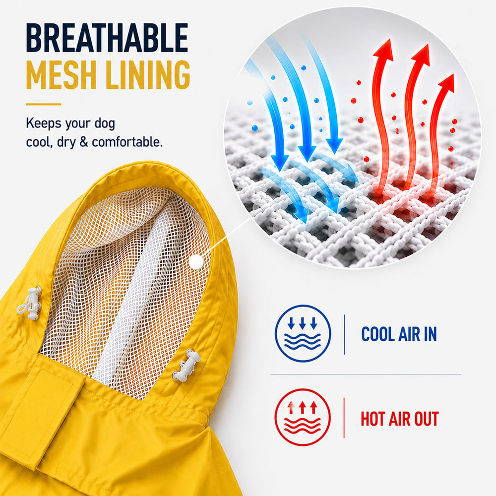 Drizzle Buddies | Waterproof Dog Raincoat with Hood & Mesh Lining  |  Collar & Harness Leash Opening | Yellow
